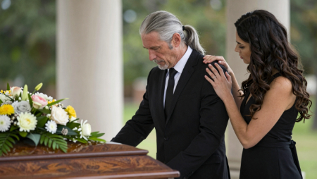 grieving man standing over casket comforted by daughter generated with Z-Image