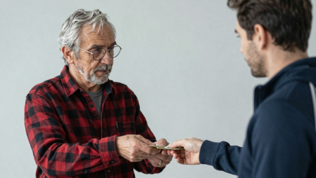 man in flannel shirt offering payment to man in sport jacket generated with z-image