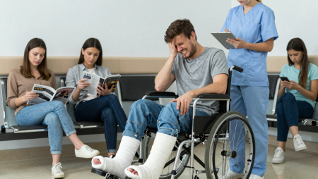man sitting in wheelchair legs in casts generated with Z-Image